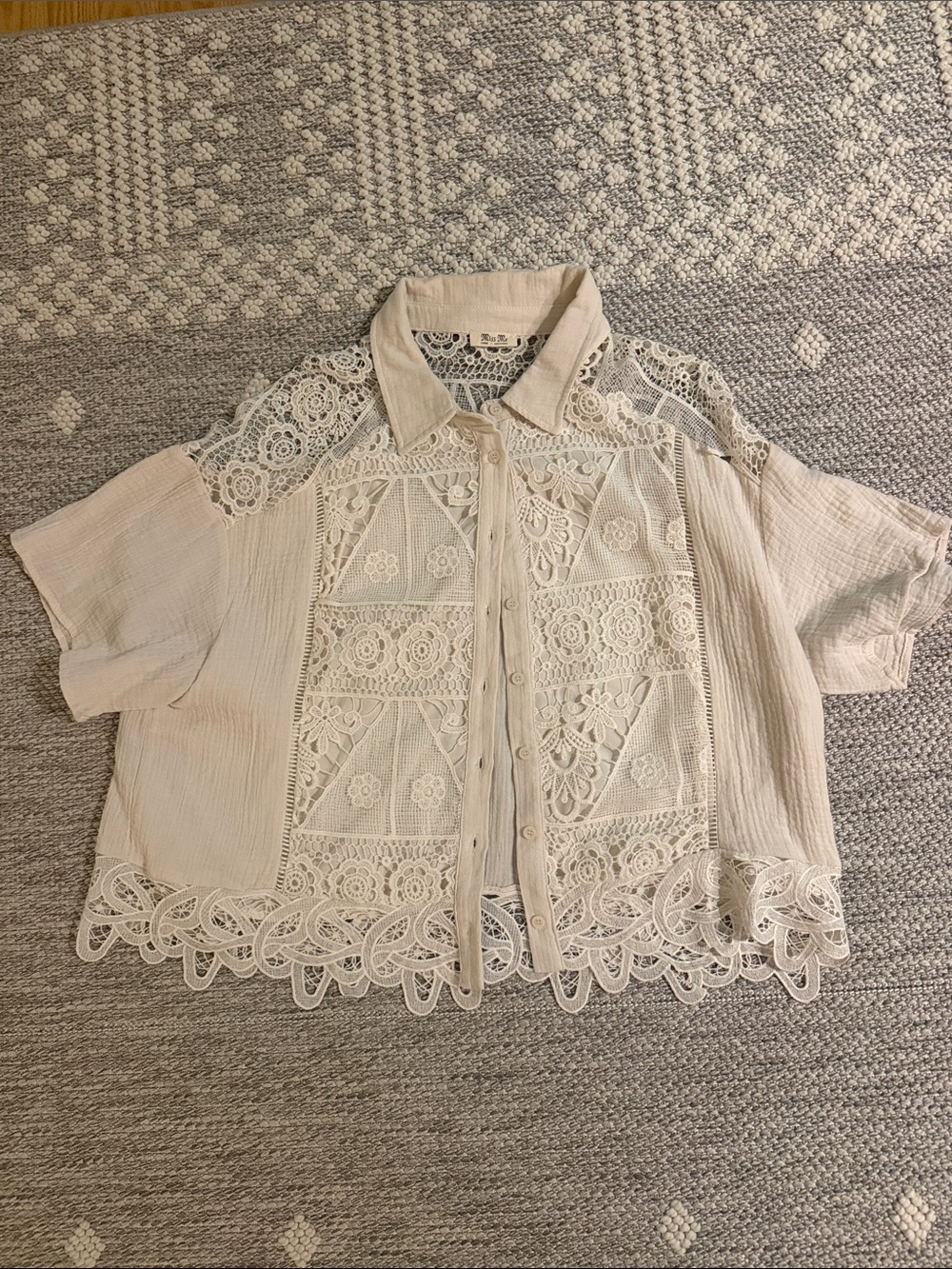 Miss Me Cream Lace Panel Button-Down Top